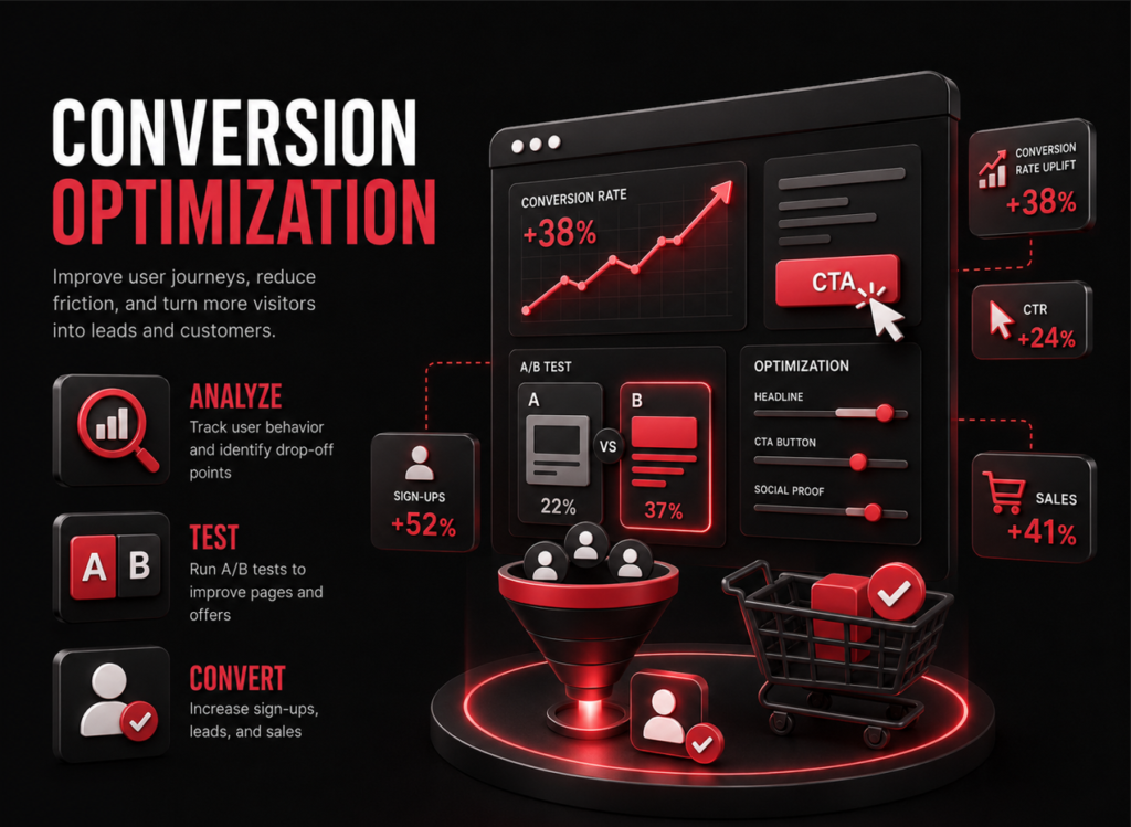 Services 7 Conversion rate optimization services showing A/B testing, user journey analysis, CTA optimization, and increased customer conversions.