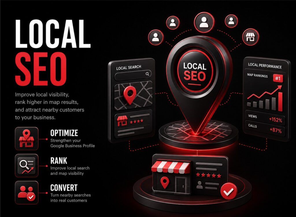 Services 3 Local SEO strategy showing map rankings, business profile optimization, local search visibility, and customer growth.