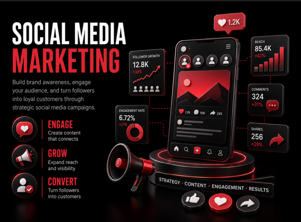 Services 5 Social media marketing services showing audience engagement, follower growth, content promotion, reach, and customer conversions.