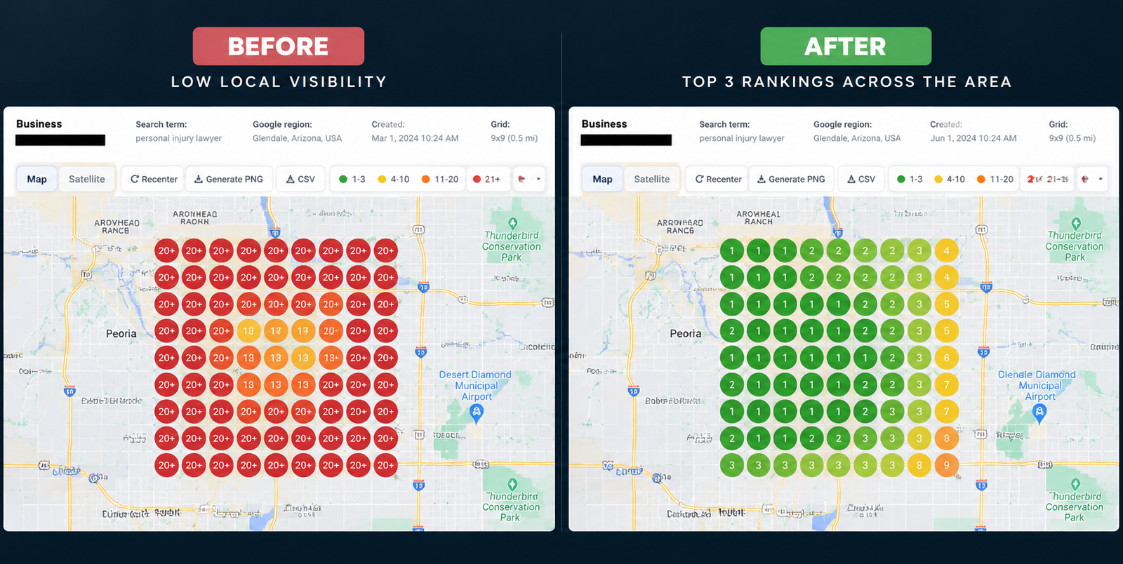 Local SEO Campaigns for Law Firms 3 Law firm Local SEO geogrid before and after comparison showing improved Google Maps visibility