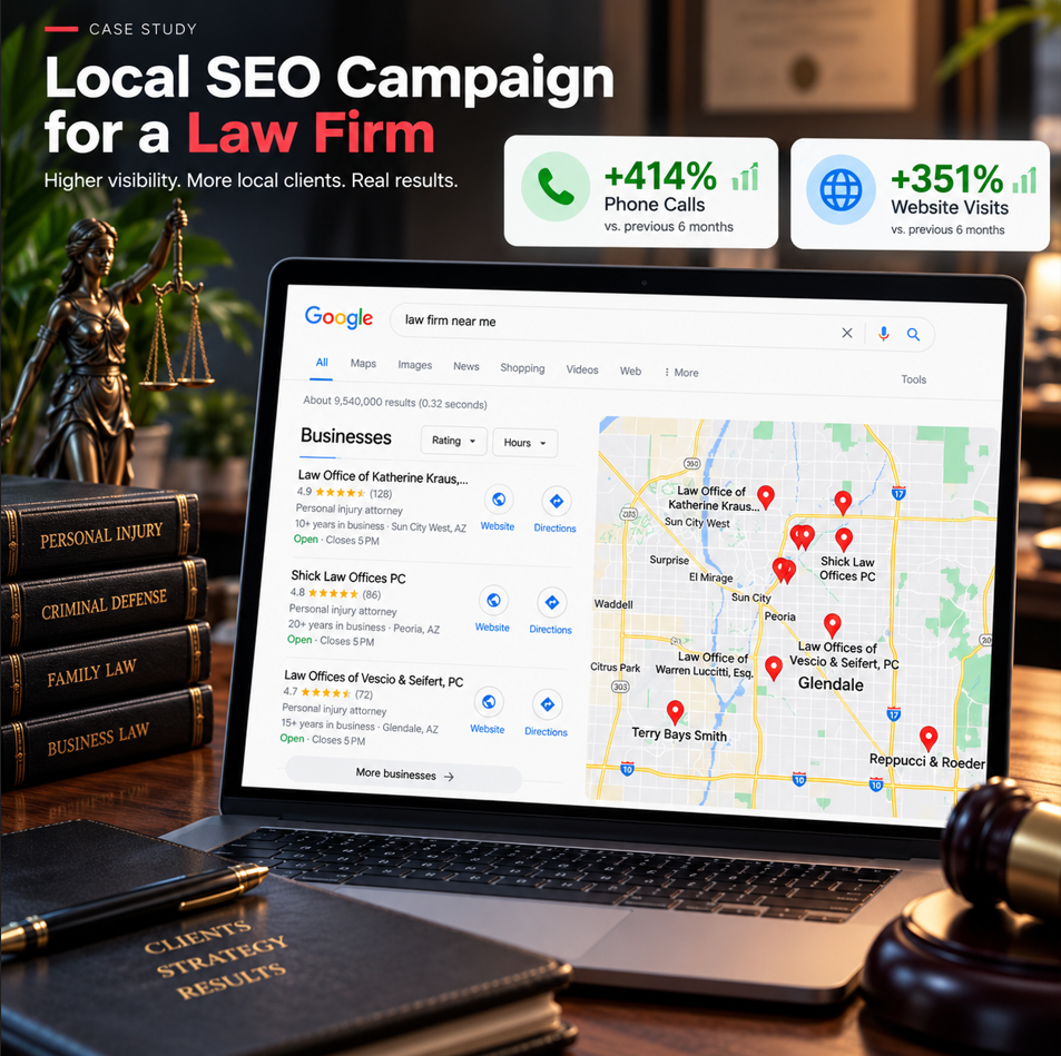 Local SEO Campaigns for Law Firms 2 Local SEO campaign for a law firm showing Google Maps rankings and local search visibility
